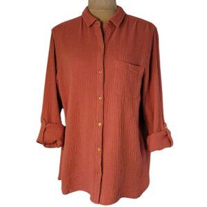 Anne Klein Jeans Lucile Coral Button Down Cotton Gauze Shirt, Size M